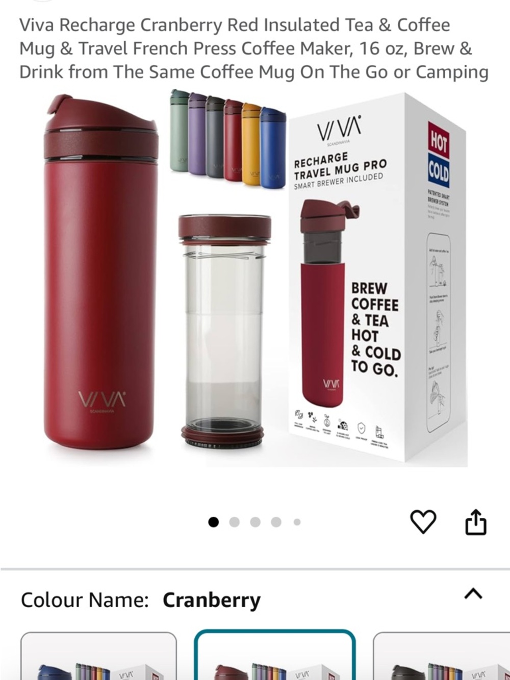 Viva Recharge Cranberry Insulated Travel Mug & French Press - 16 oz